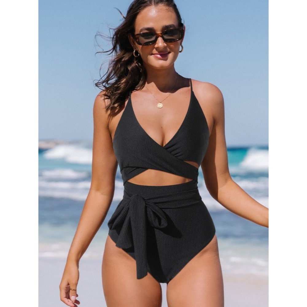 New Popvil Black Ribbed Wrap Cutout One Piece Swimsuit xl Womens Tie Waist NEW